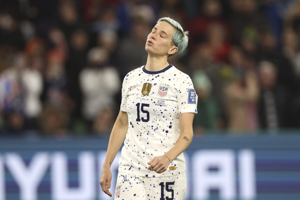 Megan Rapinoe reacts to missing a penalty kick