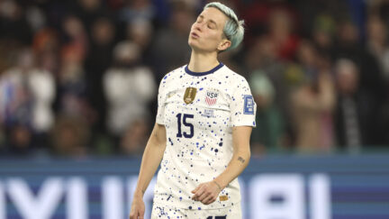 Megan Rapinoe reacts to missing a penalty kick